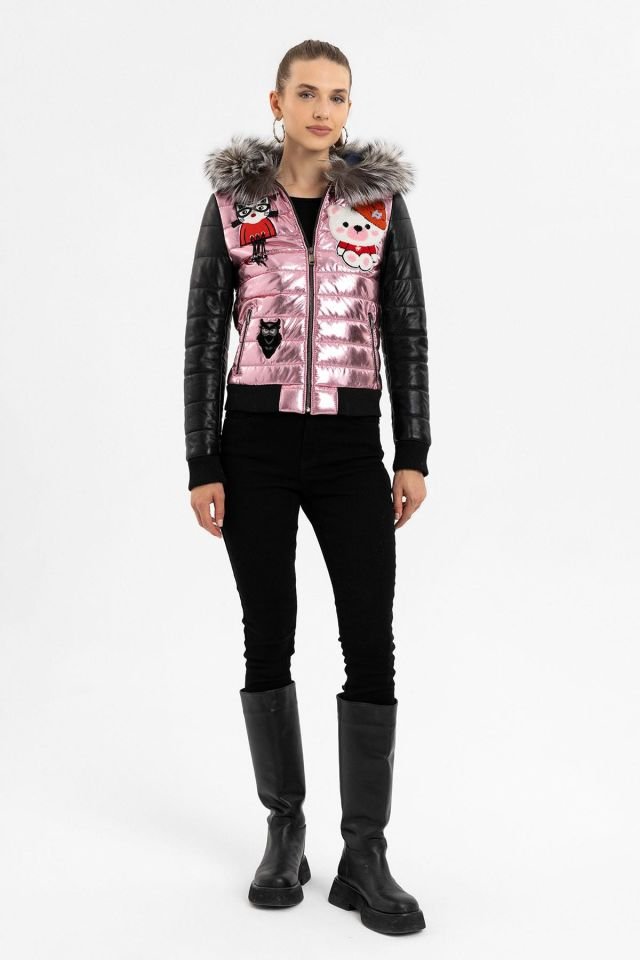 Black Pink Bloom Fur Hood Insulated Woman Genuine Leather Jacket