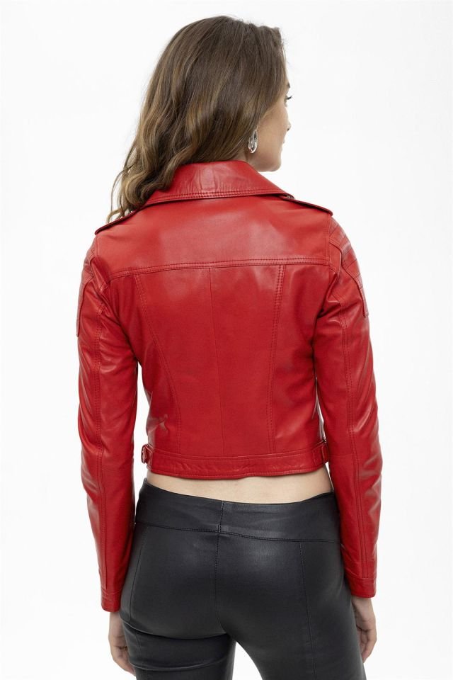 Red Vogue Woman Genuine Leather Biker Jacket