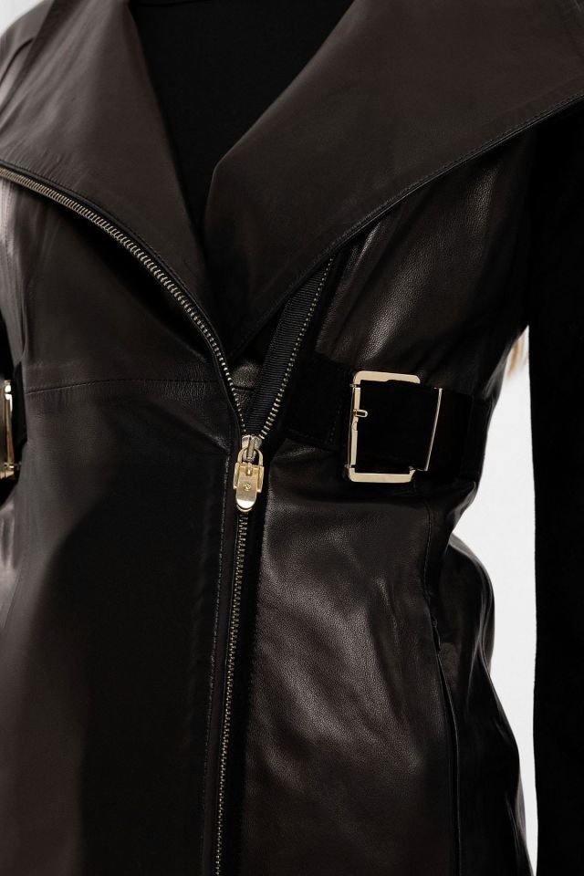 Valdo Black Woman Slim Fit Genuine Leather Coat