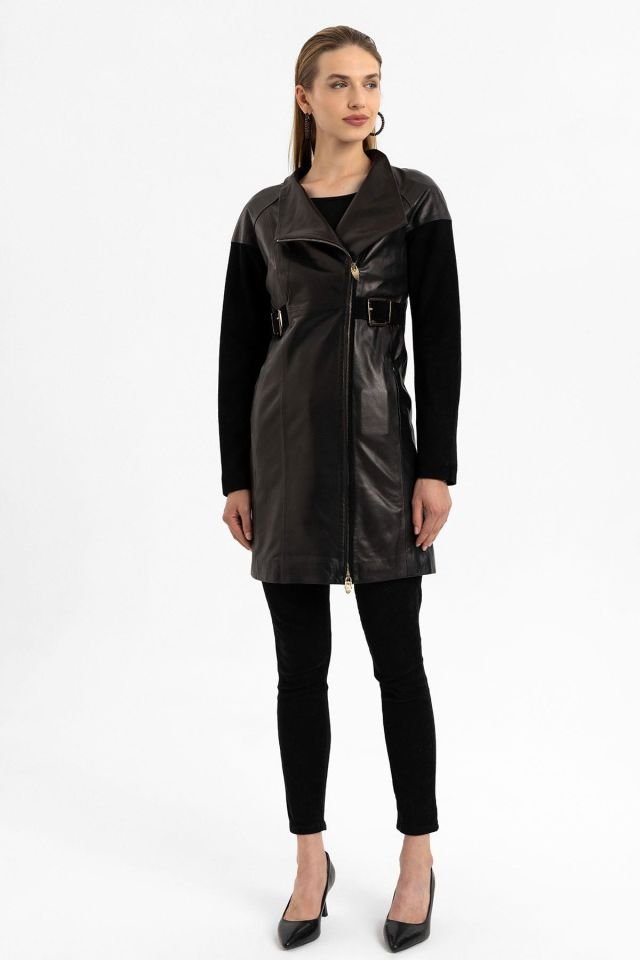 Valdo Black Woman Slim Fit Genuine Leather Coat