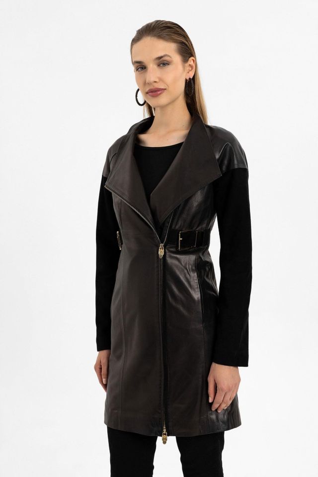 Valdo Black Woman Slim Fit Genuine Leather Coat