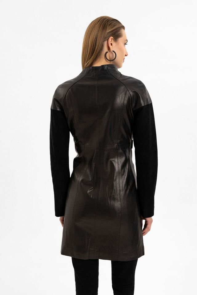 Valdo Black Woman Slim Fit Genuine Leather Coat