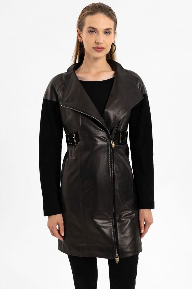 Valdo Black Woman Slim Fit Genuine Leather Coat
