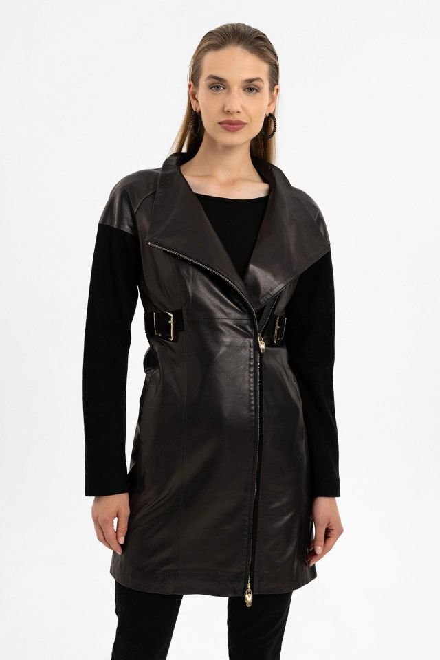 Valdo Black Woman Slim Fit Genuine Leather Coat
