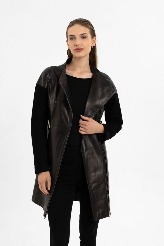 Valdo Black Woman Slim Fit Genuine Leather Coat