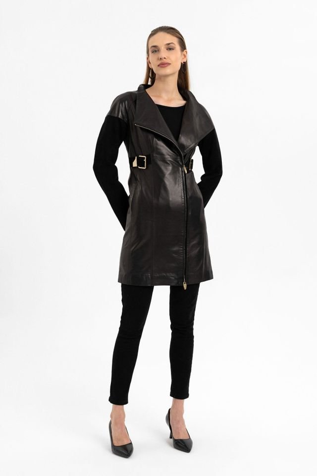 Valdo Black Woman Slim Fit Genuine Leather Coat