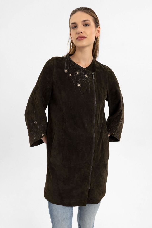 Kado Brown Flower Embroidered Woman Genuine Suede Coat
