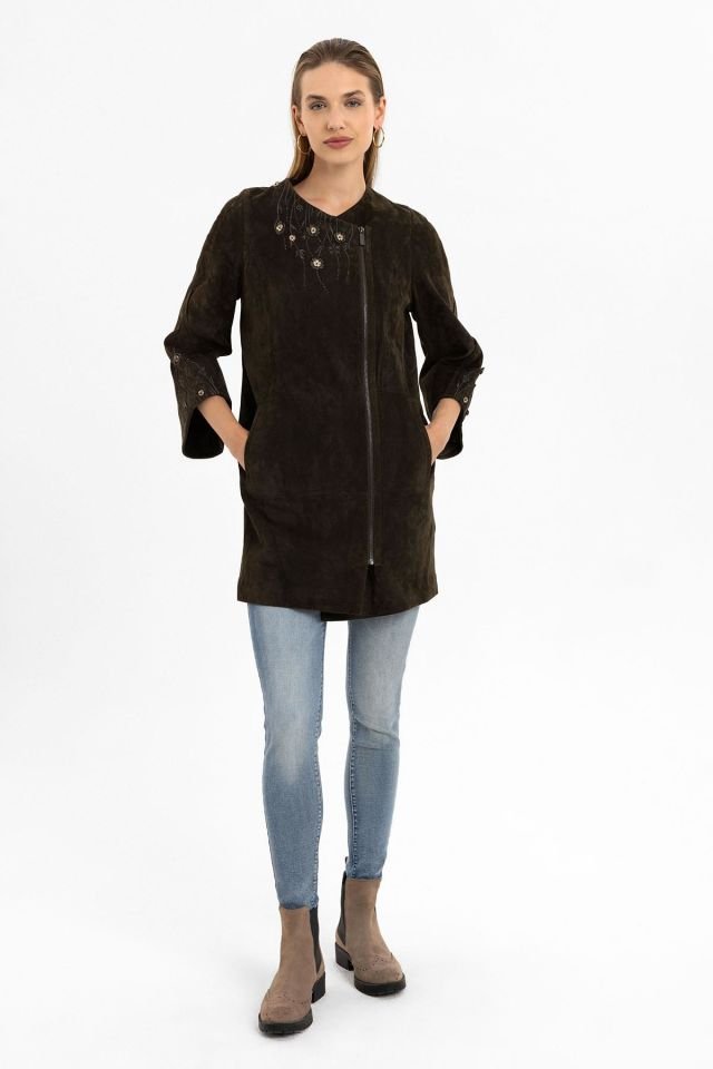 Kado Brown Flower Embroidered Woman Genuine Suede Coat
