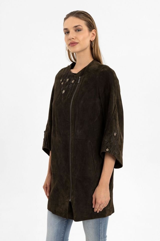 Kado Brown Flower Embroidered Woman Genuine Suede Coat