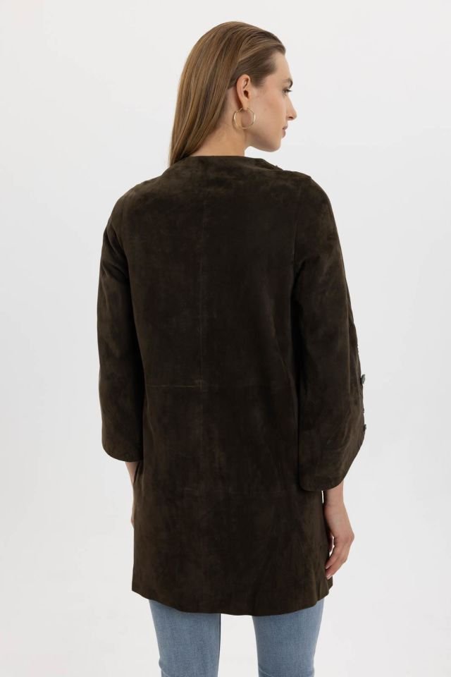 Kado Brown Flower Embroidered Woman Genuine Suede Coat