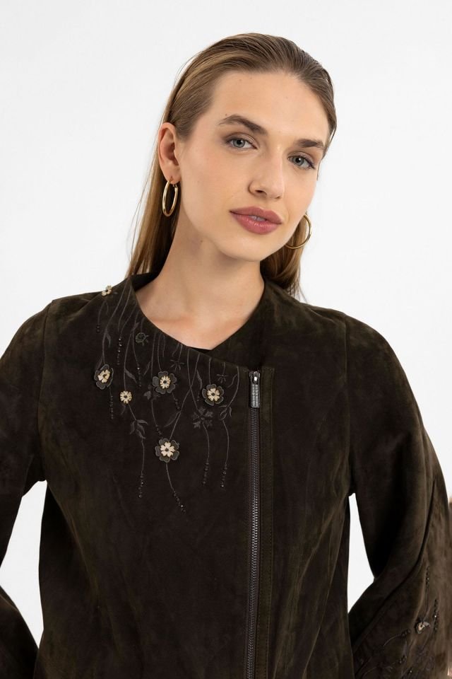 Kado Brown Flower Embroidered Woman Genuine Suede Coat