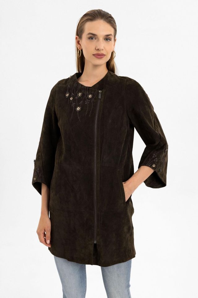 Kado Brown Flower Embroidered Woman Genuine Suede Coat