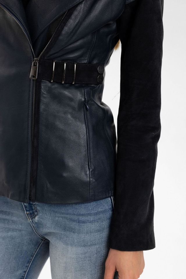 Relis Navy Blue Woman Genuine Leather Jacket