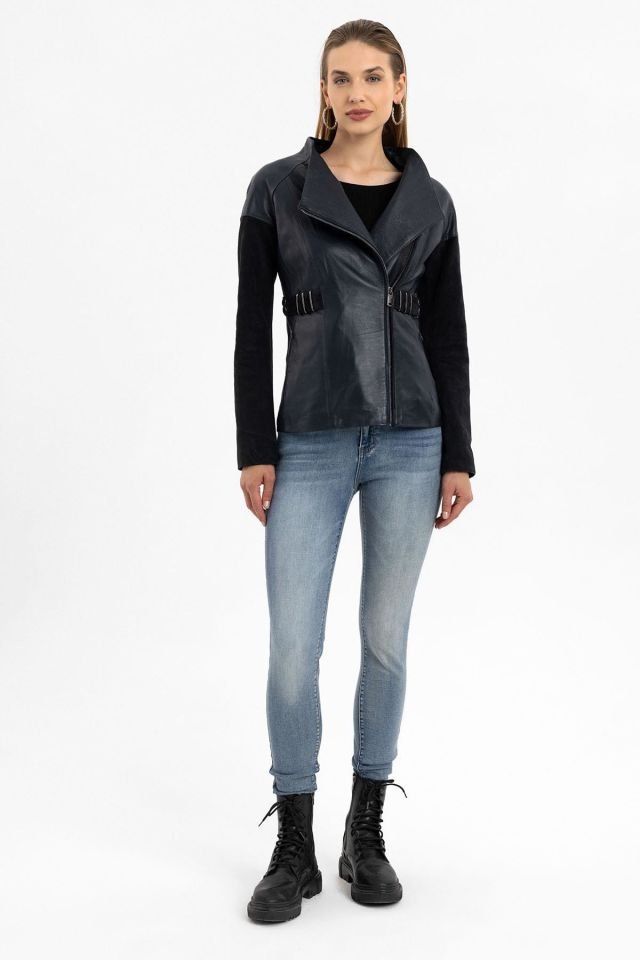 Relis Navy Blue Woman Genuine Leather Jacket
