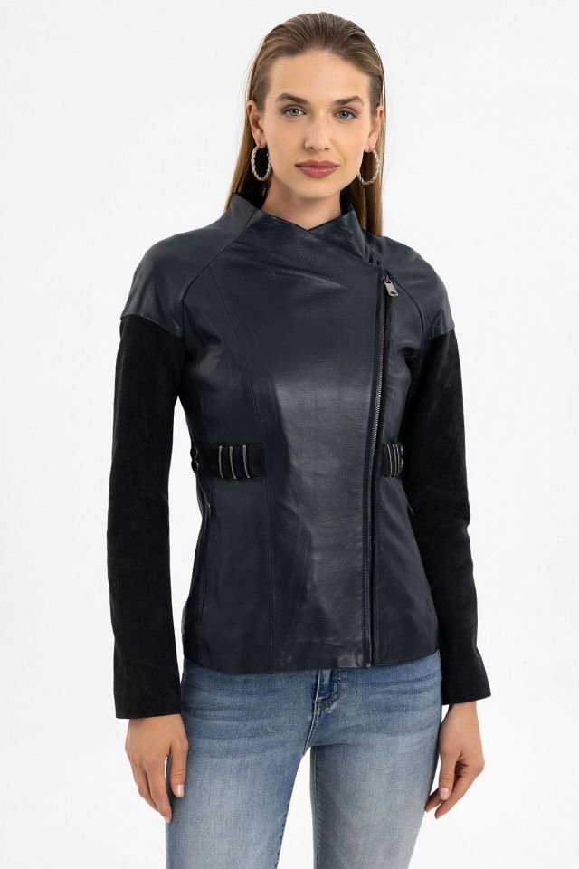 Relis Navy Blue Woman Genuine Leather Jacket