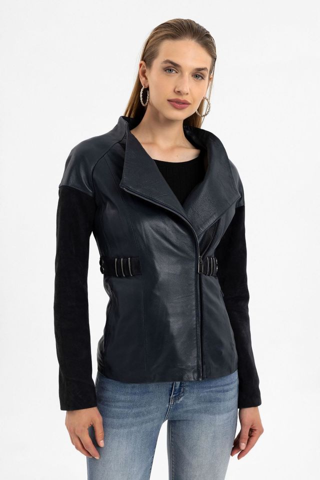 Relis Navy Blue Woman Genuine Leather Jacket
