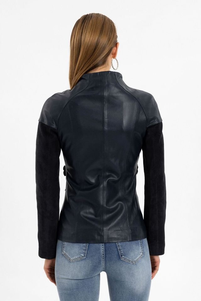 Relis Navy Blue Woman Genuine Leather Jacket