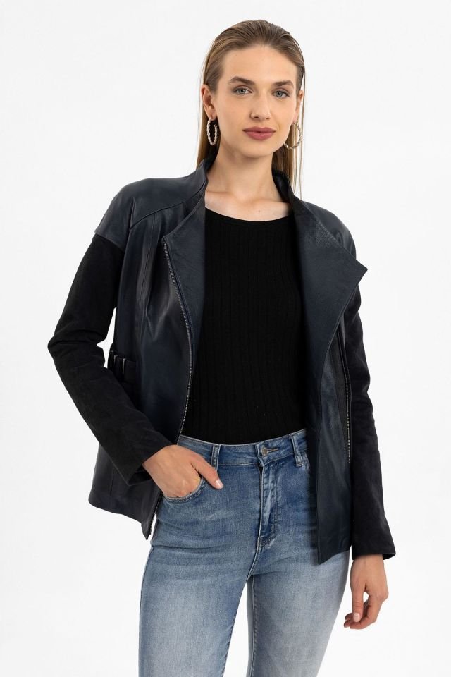 Relis Navy Blue Woman Genuine Leather Jacket