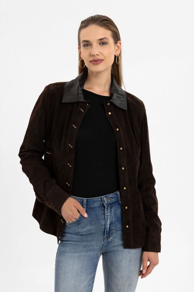Brown Eylin  Woman Genuine Suede Leather Jacket