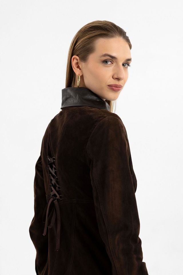 Brown Eylin  Woman Genuine Suede Leather Jacket