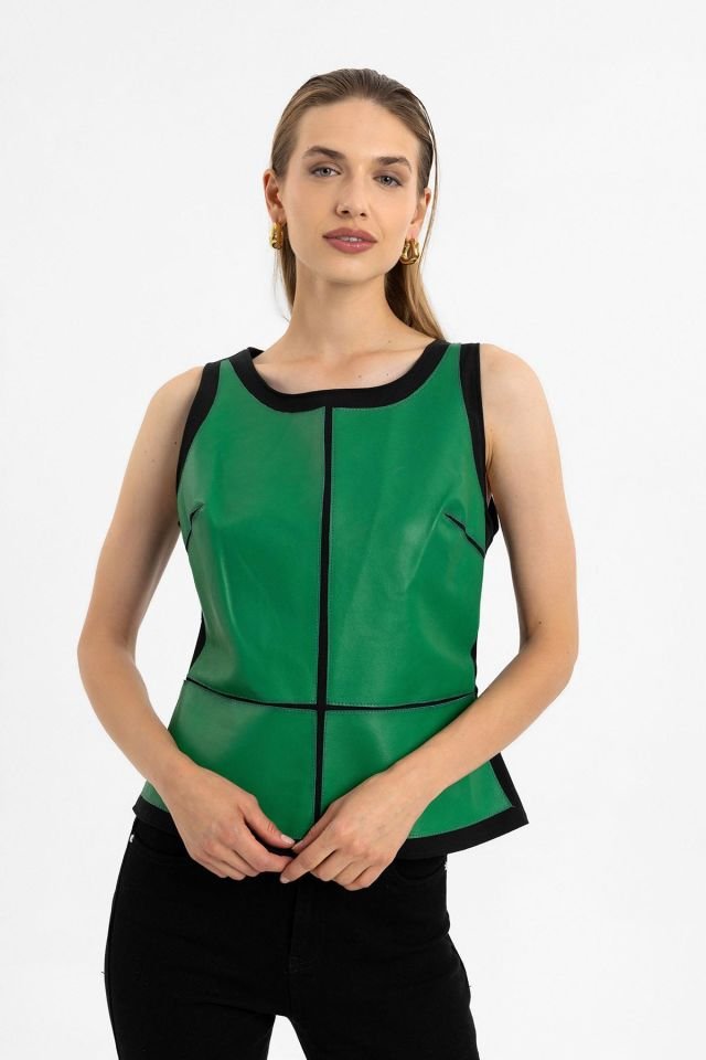 Lucia Green Sleeveless Genuine Leather Blouse