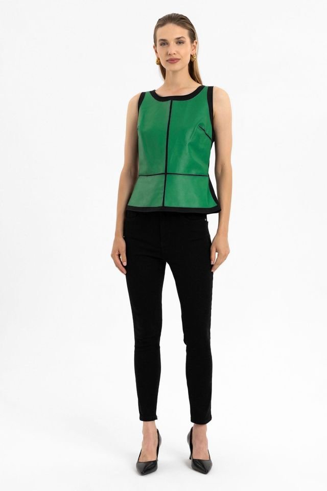 Lucia Green Sleeveless Genuine Leather Blouse
