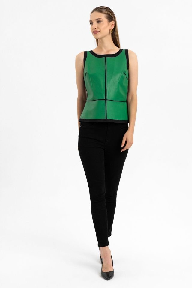 Lucia Green Sleeveless Genuine Leather Blouse