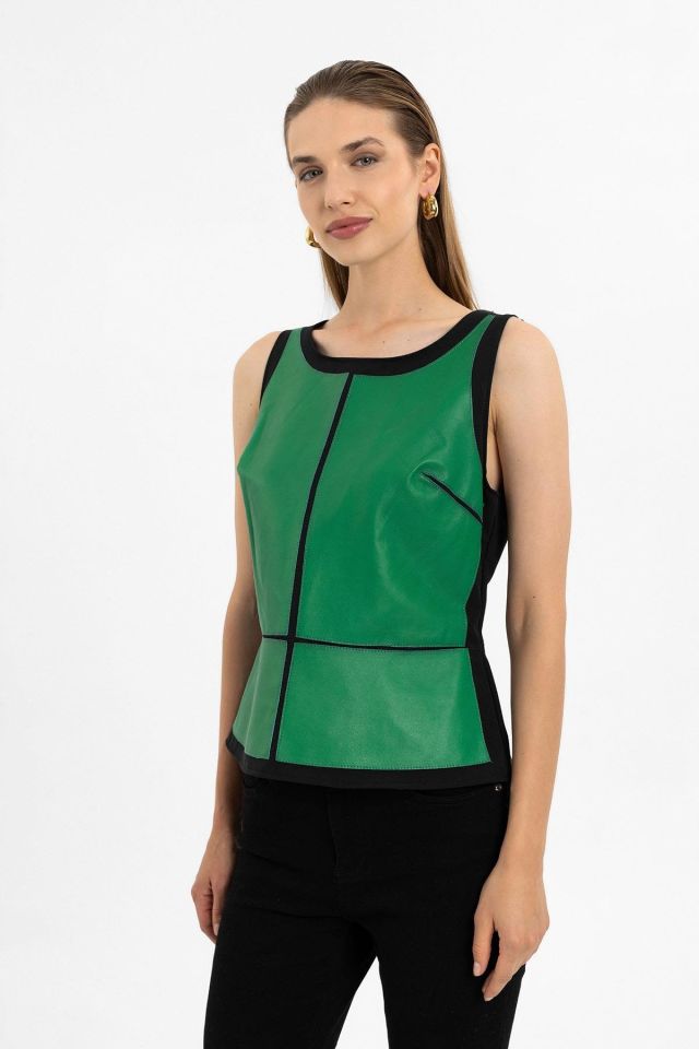 Lucia Green Sleeveless Genuine Leather Blouse