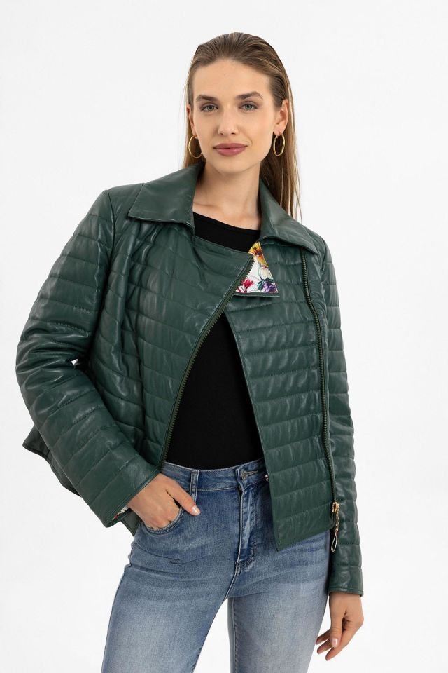 Green Elise Woman Quilted Stitched Genuine Leather Jacket