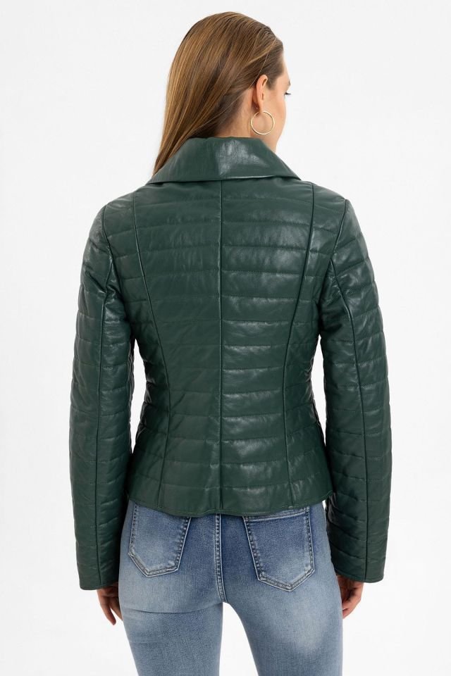 Green Elise Woman Quilted Stitched Genuine Leather Jacket