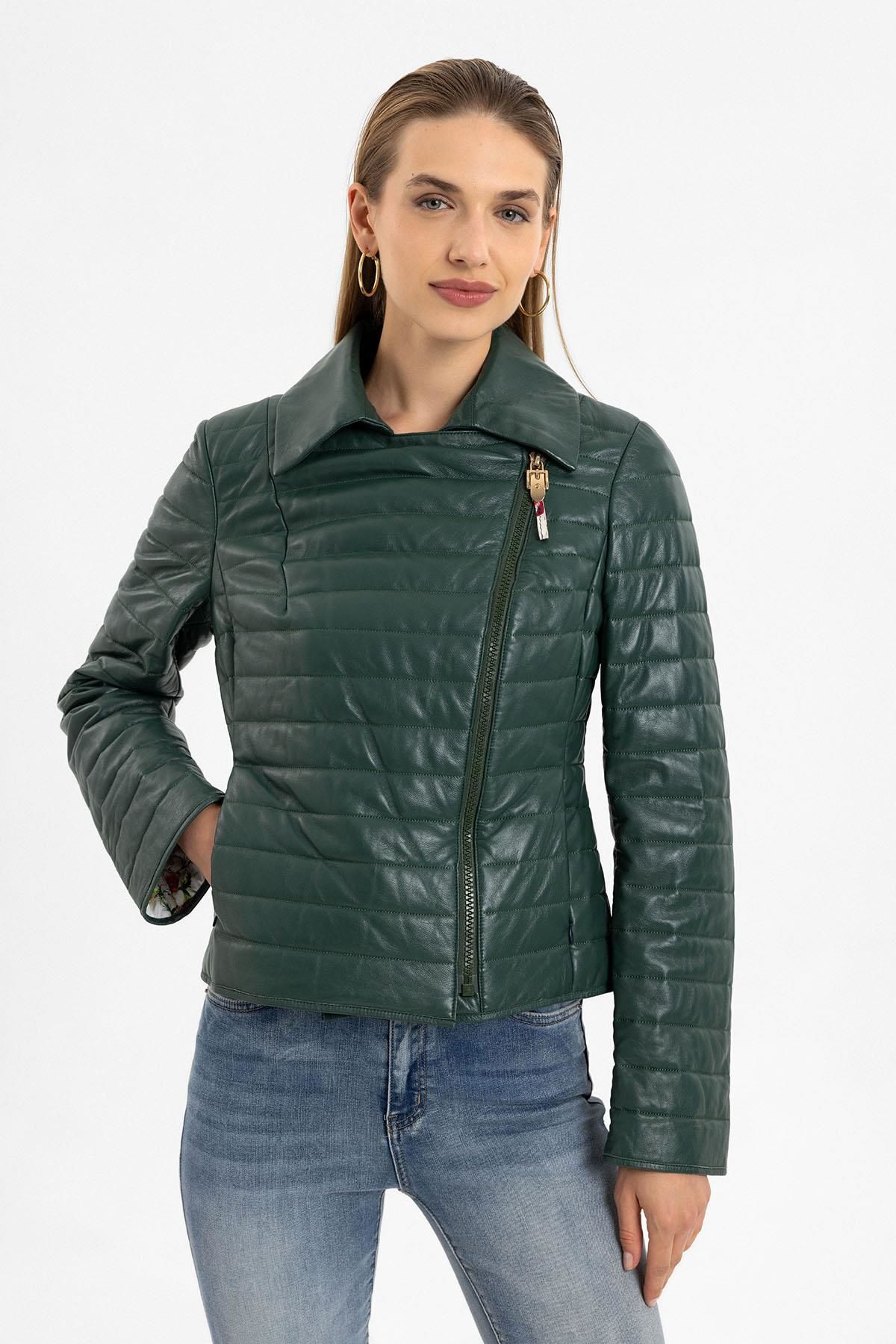 Green Elise Woman Quilted Stitched Genuine Leather Jacket