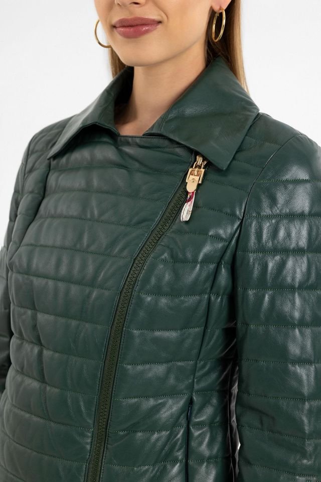 Green Elise Woman Quilted Stitched Genuine Leather Jacket
