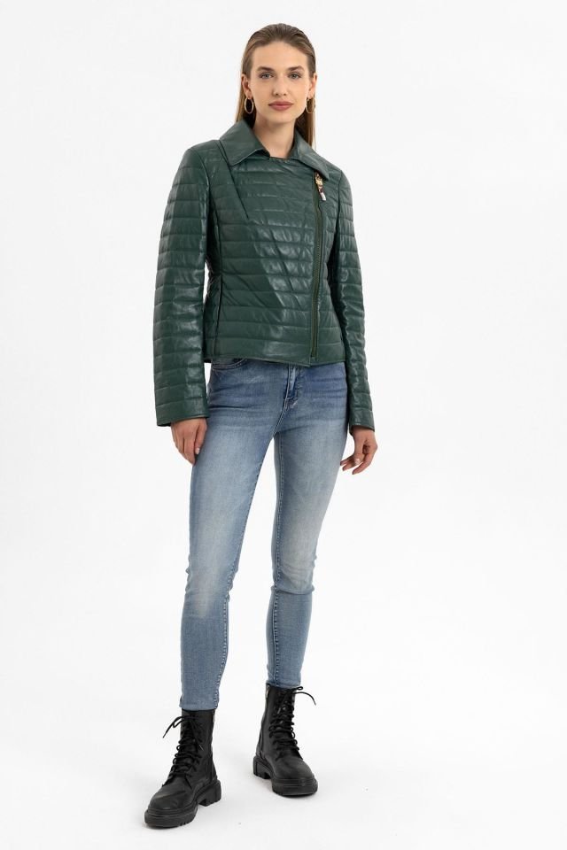 Green Elise Woman Quilted Stitched Genuine Leather Jacket
