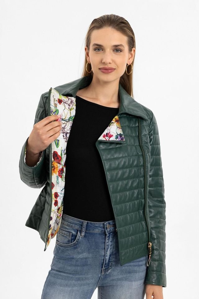 Green Elise Woman Quilted Stitched Genuine Leather Jacket