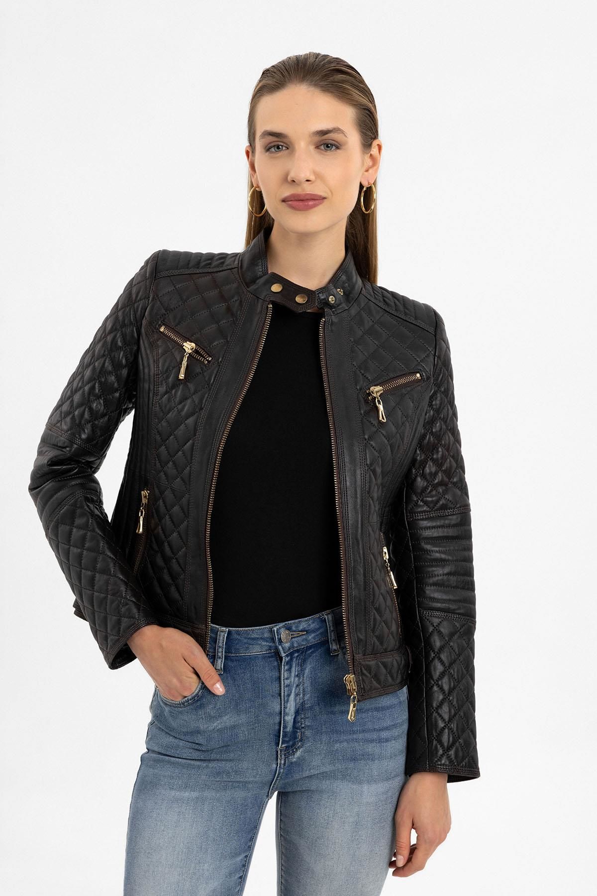 Yola Brown Quilted Woman Genuine Leather Jacket
