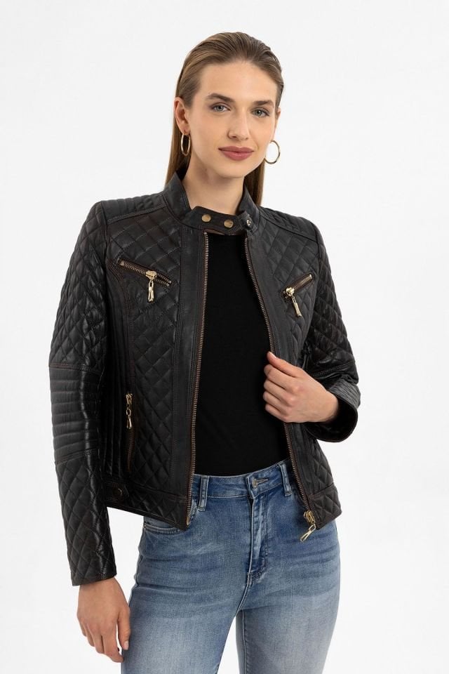 Yola Brown Quilted Woman Genuine Leather Jacket