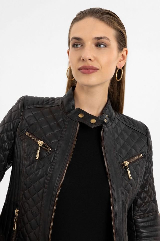 Yola Brown Quilted Woman Genuine Leather Jacket