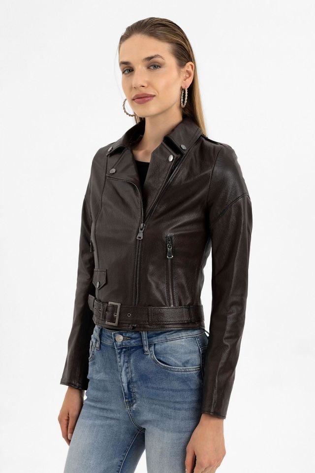 Brown Jelia Woman Genuine Leather Jacket