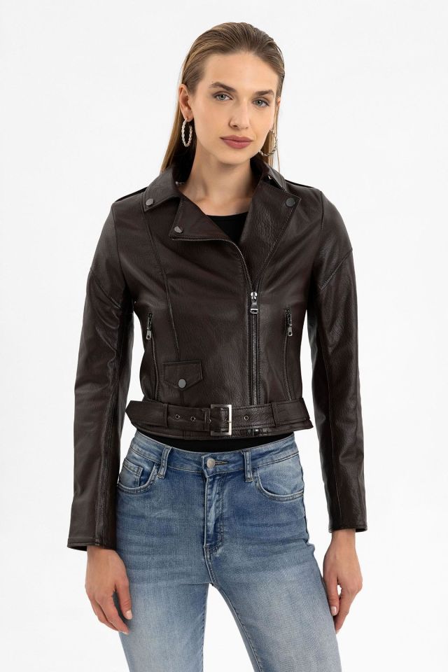 Brown Jelia Woman Genuine Leather Jacket