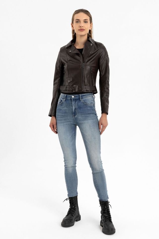 Brown Jelia Woman Genuine Leather Jacket