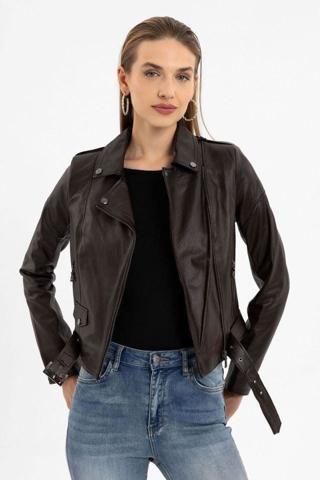 Brown Jelia Woman Genuine Leather Jacket