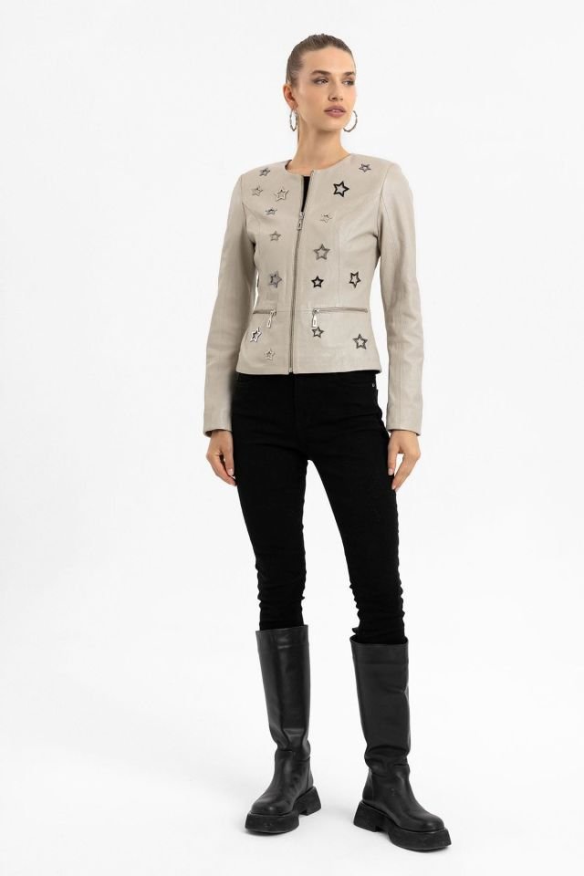 Beige Delio Woman Genuine Leather Jacket