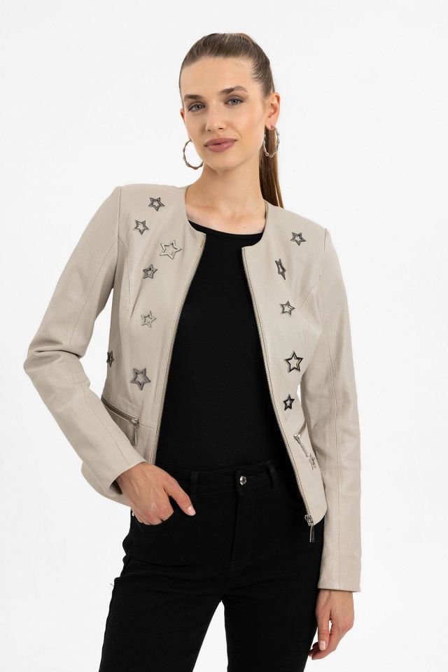 Beige Delio Woman Genuine Leather Jacket