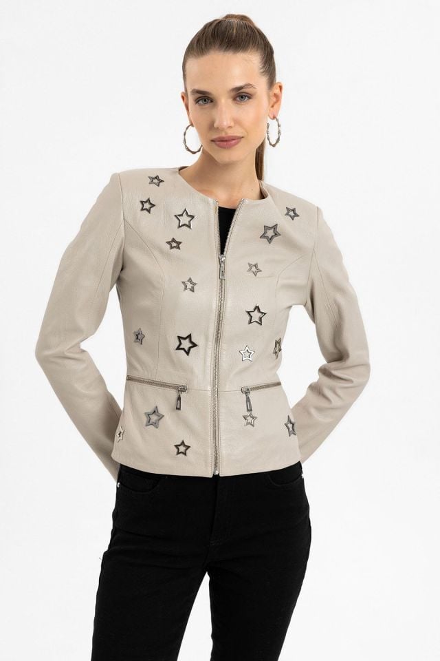 Beige Delio Woman Genuine Leather Jacket