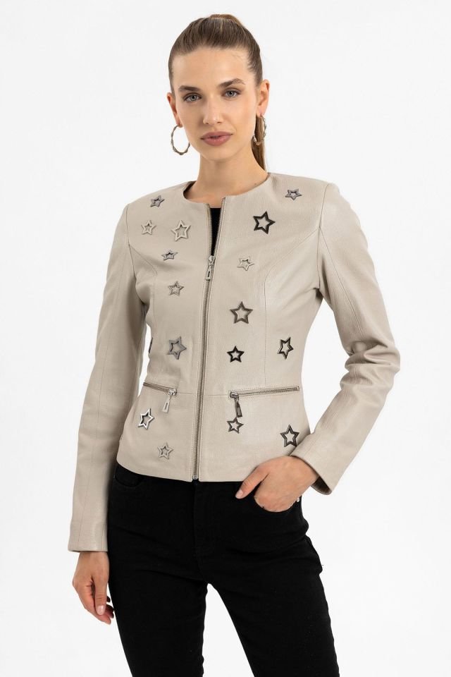 Beige Delio Woman Genuine Leather Jacket