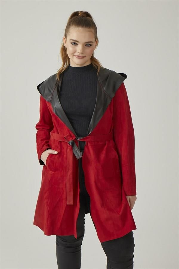 Gypsy Red Hooded Reversible Woman Genuine Suede Coat