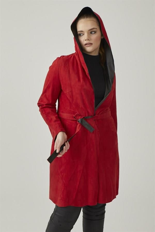 Gypsy Red Hooded Reversible Woman Genuine Suede Coat