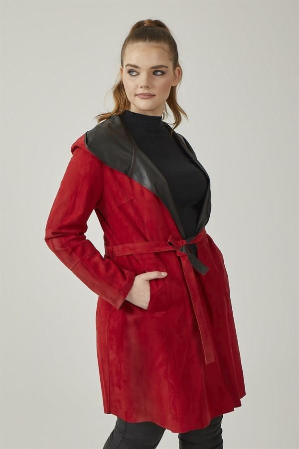 Gypsy Red Hooded Reversible Woman Genuine Suede Coat