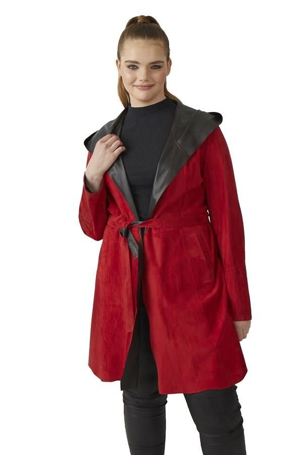 Gypsy Red Hooded Reversible Woman Genuine Suede Coat
