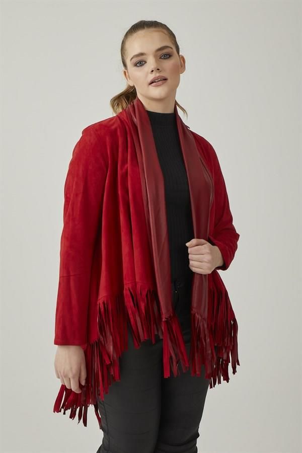 Red Reversible Tassel Woman Genuine Suede Leather Poncho